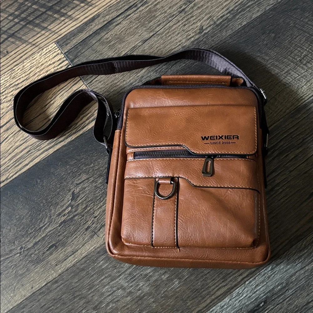 WEIXIER Men's Crossbody Bag Faux Leather Small Shoulder Bag Cognac Brown NWOT